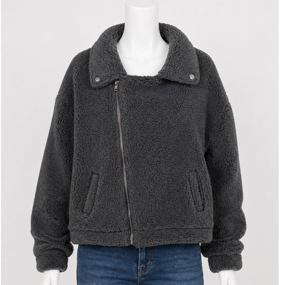 Baevely Womens Moto Jacket Dark Gray Sherpa Teddy Asymmetric Zip M‎